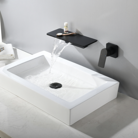 Waterfall Spout Wall Mounted Bath Faucets Bathroom Basin Solid Brass Mixer Tap Matte Black Bathtub Faucet