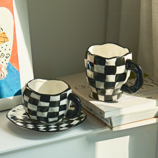 Black and White Clouds Coffee Cup With Saucer Ceramic Handmade Japanese Tea Cup Saucer Set Cute Gift For Her - Image 2
