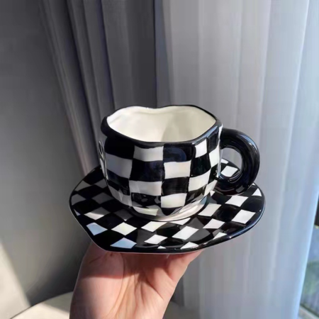 Black and White Clouds Coffee Cup With Saucer Ceramic Handmade Japanese Tea Cup Saucer Set Cute Gift For Her