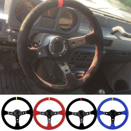 Racing Steering Wheels Universal Deep Corn 350mm 14-Inch Suede/PVC with Logo