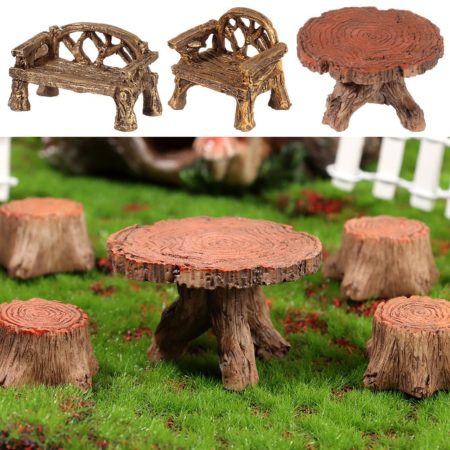 Garden Decor, Dollhouse Ornament Scene Model Micro Landscapes Mini Bench Park Chair Figurines Miniature Wooden Table