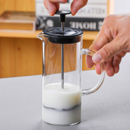 Manual Milk Frother Maker Glass Coffee Pot Mesh Jug Mixer Creamer Kitchen Tools