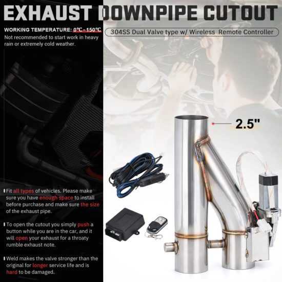 Double Valve Electric Exhaust Cut Out Pipe Muffler Kit with Wireless Remote Control Universal 2" 2.25'' 2.5'' 3" - Image 3