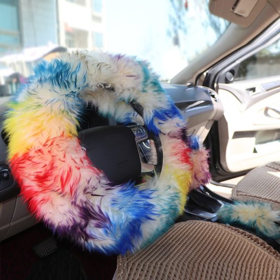 Fur Steering Wheel Cover Set Real Sheepskin Warm Fluffy Car Accessories 3pcs for Women Girl - Image 2