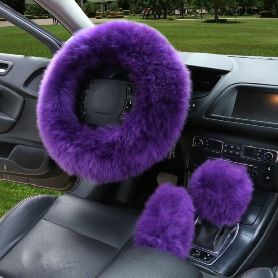 Fur Steering Wheel Cover Set Real Sheepskin Warm Fluffy Car Accessories 3pcs for Women Girl - Image 3
