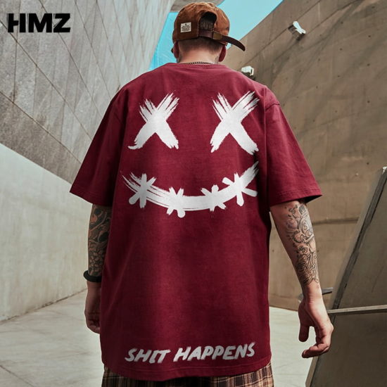 T Shirt Streetwear Oversize Hip Hop Smile Print Short Sleeve Cotton Loose Tops Tees - Image 2