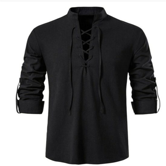 Viking shirt Fashion Vintage Thin Long Sleeve Casual middle Ages Breathable Front Lace - Image 2
