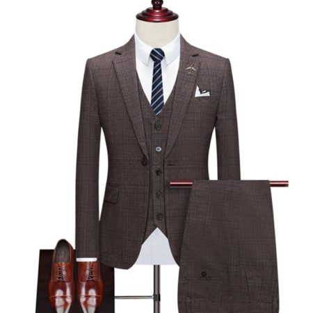 Suit Set 3-Pcs Men's Business British Style Plaid Blazers Jacket Trousers Waistcoat