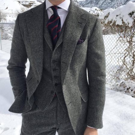 Gray Wool Tweed Winter Men Suits For Wedding Formal Groom Tuxedo Herringbone Male Fashion (Jacket+Vest+Pants+Tie)