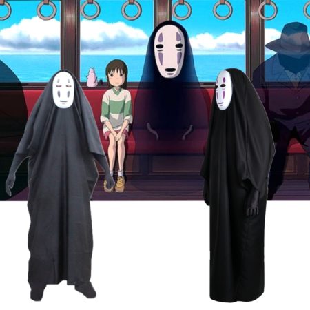 No Face Man Cosplay Costume with Mask+Gloves+Coat Anime Miyazaki Hayao Faceless Kids Adult Carnival Outfit