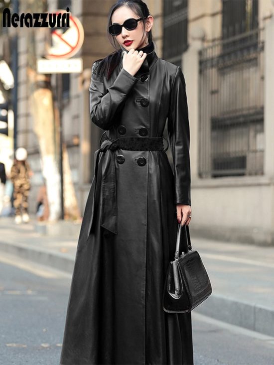 Maxi skirted leather trench coat Nerazzurri for women Long Sleeve Double Breasted Elegant Luxury womens fall fashion - Image 3