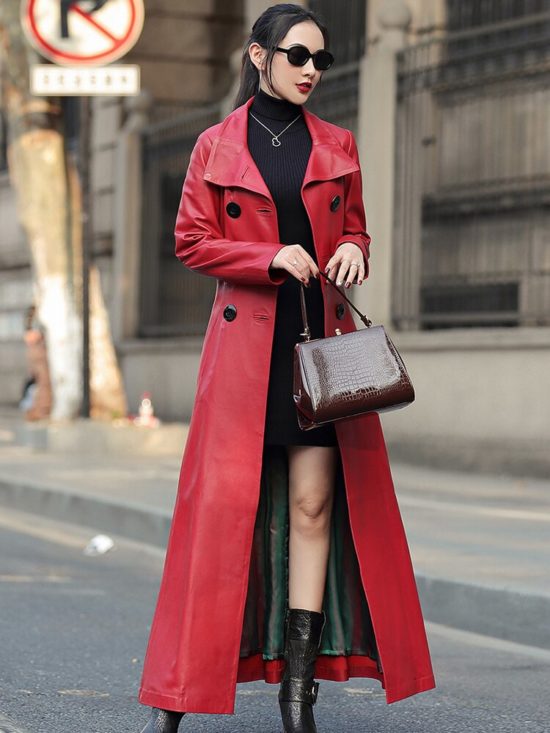 Maxi skirted leather trench coat Nerazzurri for women Long Sleeve Double Breasted Elegant Luxury womens fall fashion - Image 2