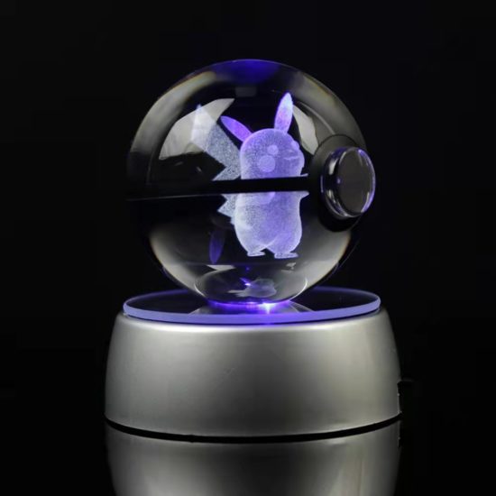 Pokemon Crystal Ball 3D Snorlax Mewtwo Pikachu Figures Engraving Model with LED Light Base Kids Gift