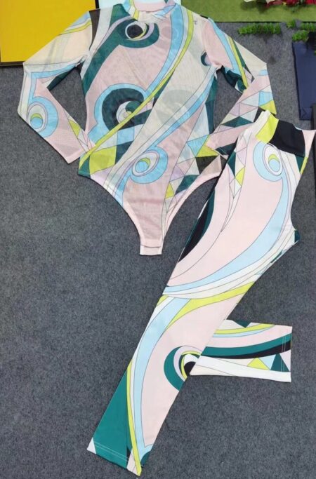 Two Piece Sets Long Sleeve O Neck Tops Printed Long Pants Female Casual Pants Set Suits Beach Swimming Wear