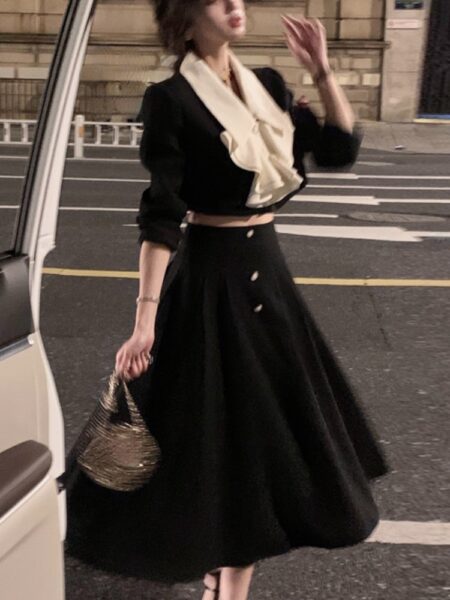 Korean Suit Elegant 2-Piece Dress Set Office Lady Long Sleeve Crop Tops+Casual Black Midi Skirt Slim