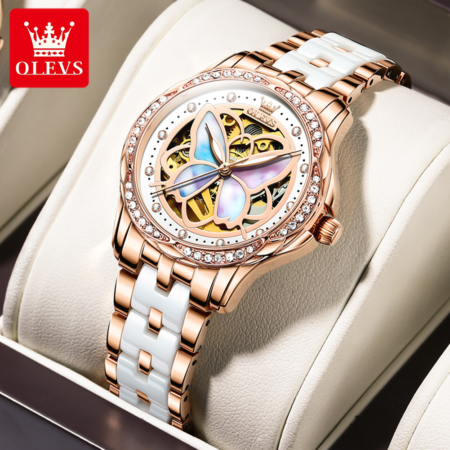 Watch for Women Automatic Luxury Mechanical OLEVS Original Waterproof Diamond Skeleton Rose Gold Ceramic Watches Ladies Gift Set