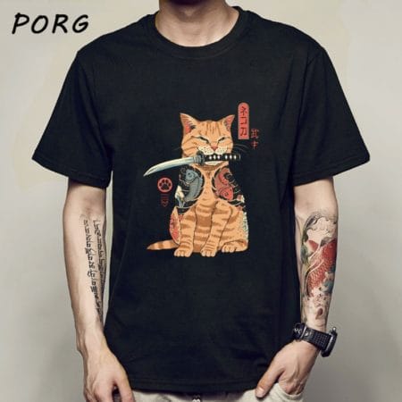 T Shirt Casual Short Sleeve Cat Print  Japanese