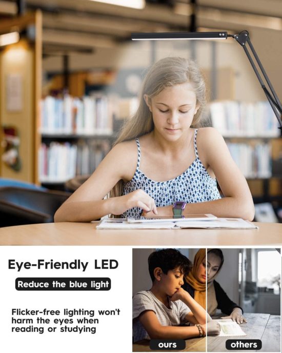 LED Desk Lamp with Clamp, Eye-Care Dimmable Reading Light, 3 Color Modes Swing Arm Lamp