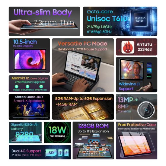 ⁦Blackview Tablet Pad Octa-core Unisoc-T610 8GB+128GB 8280mAh 10.51'' FHD+ Display Android-12-13MP Camera⁩ - الصورة ⁦2⁩