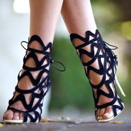 Fashion Suede Weave Straps Patchwork Sandals Boots Women Thin High Heel