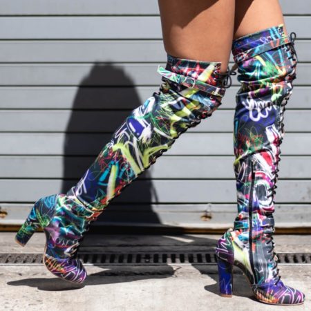 Graffiti Print Closed Toe Lace Up Over The Knee Chunky Heel Boot