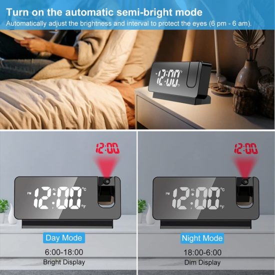 LED Digital Projection Alarm Clock 180° Rotation Temperature Display Bedside Desktop Clock - Image 3