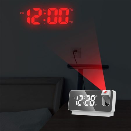 LED Digital Projection Alarm Clock 180° Rotation Temperature Display Bedside Desktop Clock