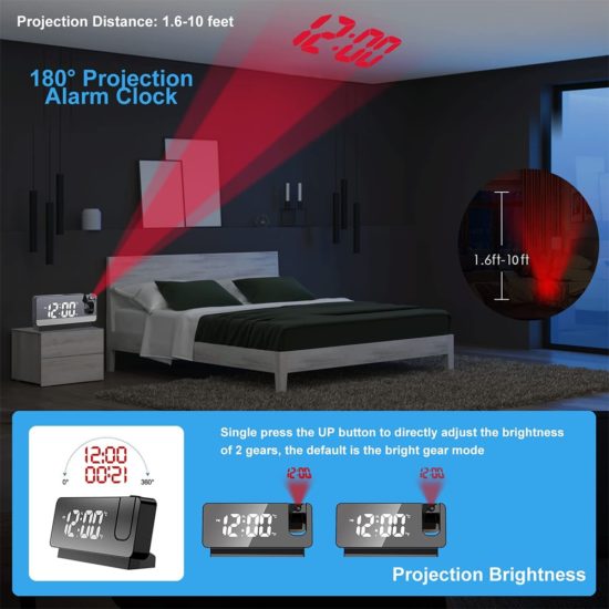 LED Digital Projection Alarm Clock 180° Rotation Temperature Display Bedside Desktop Clock - Image 2