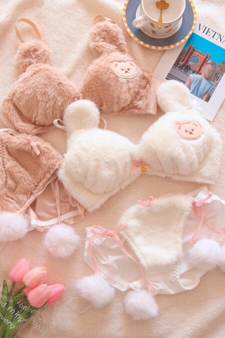 underwear bra set comfortable embroidery bear no steel ring winter home wear clothes heart tie.
