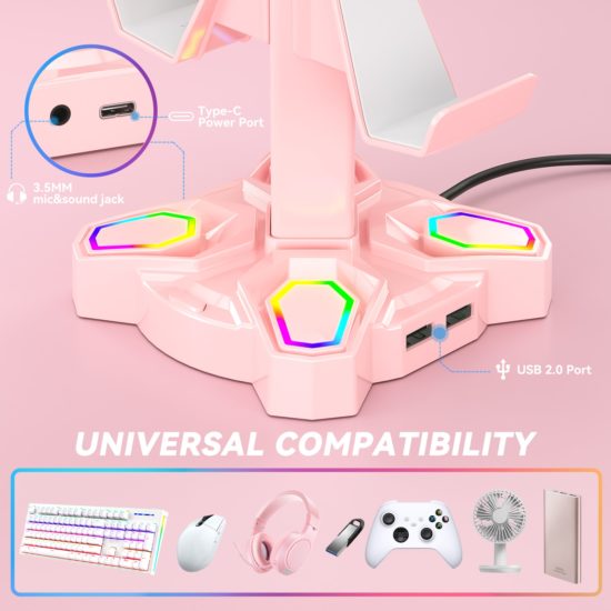 Hub Controller Holder Headphones Stand Rotatable with 9-Light Modes with 2 USB Charging Type-C Ports - Image 2
