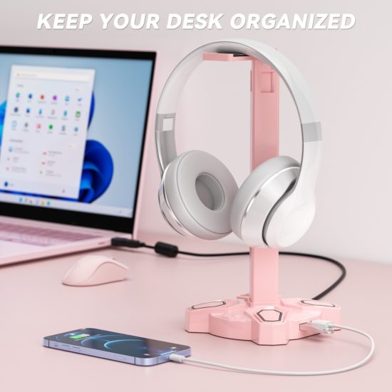 Hub Controller Holder Headphones Stand Rotatable with 9-Light Modes with 2 USB Charging Type-C Ports - Image 4