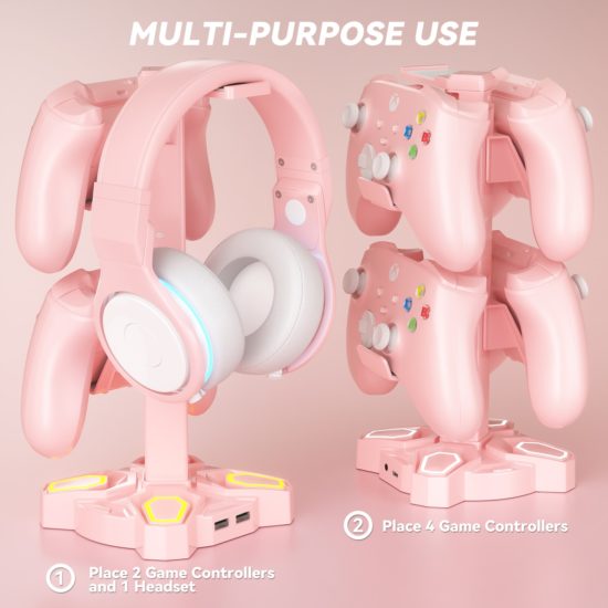 Hub Controller Holder Headphones Stand Rotatable with 9-Light Modes with 2 USB Charging Type-C Ports