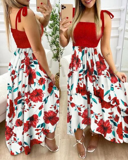 long dress Sling strapless halter sleeveless irregular Patchwork Print Irregular