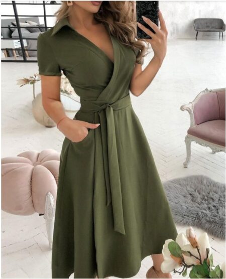 Short-sleeved Dress Fashion Temperament Commuter Solid Color High Waist Slim V-neck Women's Spring and Summer Fashion