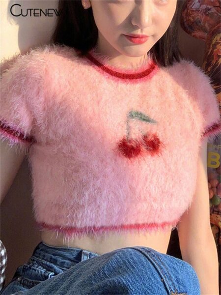 T-Shirts Casual Slim Crop Cutenew Summer Round Neck Short Sleeve Pink Lovely Sweet Girl Streetwear