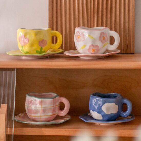 Black and White Clouds Coffee Cup With Saucer Ceramic Handmade Japanese Tea Cup Saucer Set Cute Gift For Her - Image 3