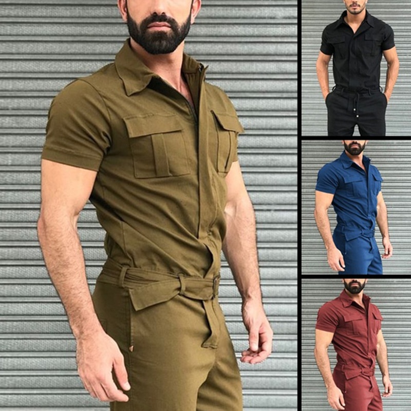 Shirt Short Sleeve+Trousers Jumpsuit Fashion Leisure Basic Work Pants Overalls Casual Pocket Solid Color