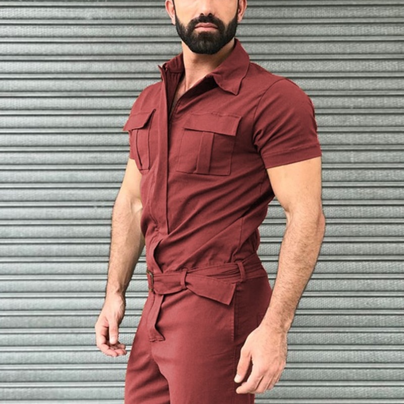 Shirt Short Sleeve+Trousers Jumpsuit Fashion Leisure Basic Work Pants Overalls Casual Pocket Solid Color