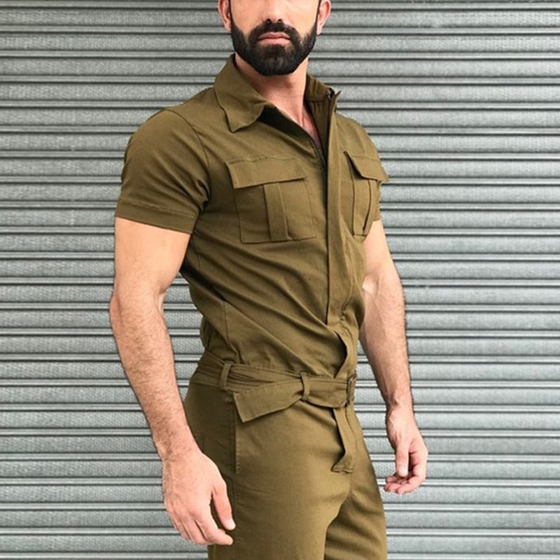 Shirt Short Sleeve+Trousers Jumpsuit Fashion Leisure Basic Work Pants Overalls Casual Pocket Solid Color