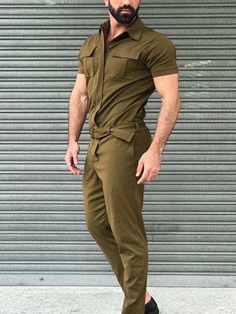 Shirt Short Sleeve+Trousers Jumpsuit Fashion Leisure Basic Work Pants Overalls Casual Pocket Solid Color
