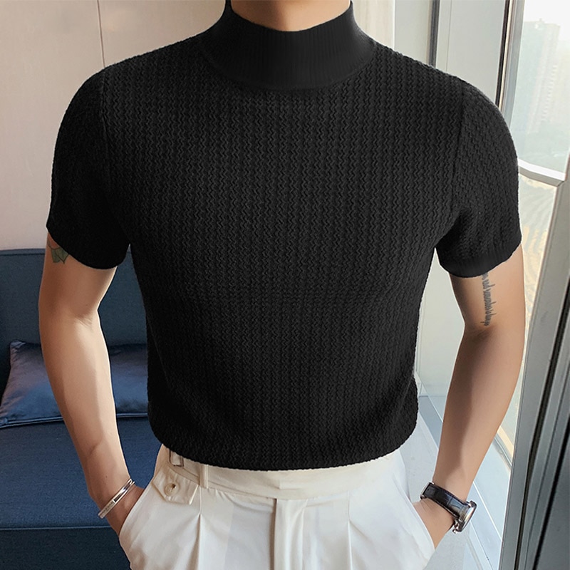 T-shirt Casual High-neck Summer Tight Knitted Solid Color Short-sleeve Bottoming S-3XL Luxury Clothing