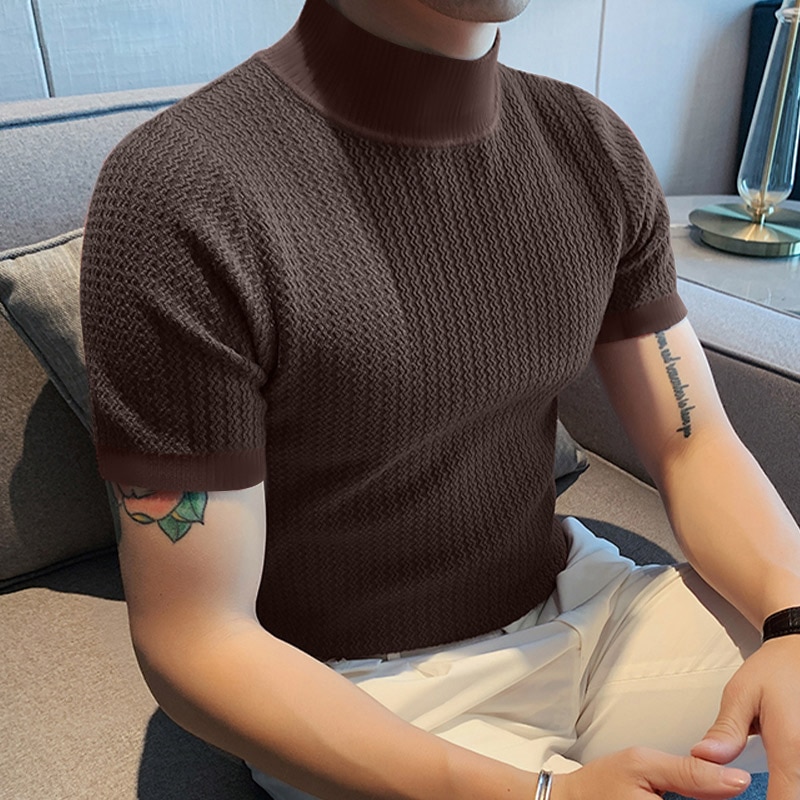 T-shirt Casual High-neck Summer Tight Knitted Solid Color Short-sleeve Bottoming S-3XL Luxury Clothing