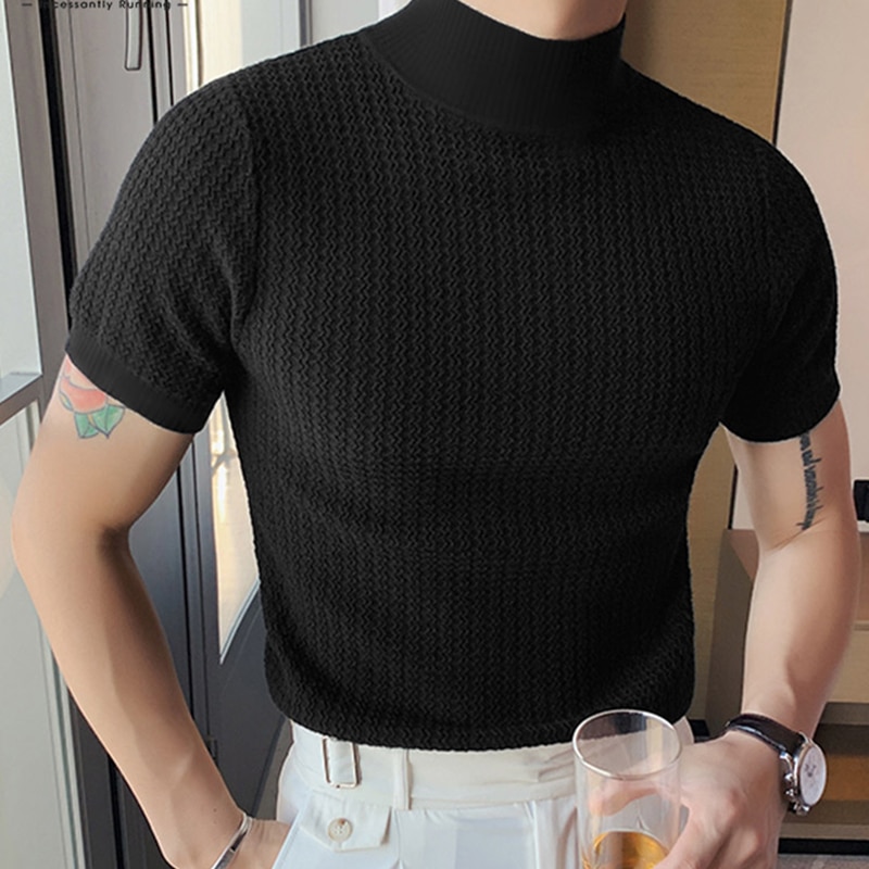 T-shirt Casual High-neck Summer Tight Knitted Solid Color Short-sleeve Bottoming S-3XL Luxury Clothing