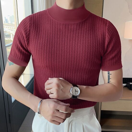 T-shirt Casual High-neck Summer Tight Knitted Solid Color Short-sleeve Bottoming S-3XL Luxury Clothing - Image 3