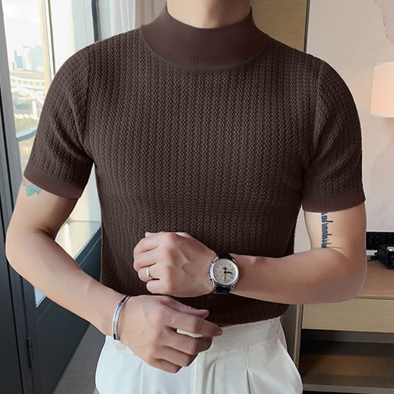 T-shirt Casual High-neck Summer Tight Knitted Solid Color Short-sleeve Bottoming S-3XL Luxury Clothing