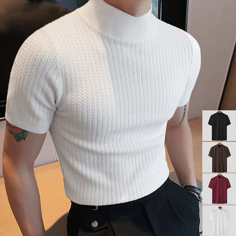 T-shirt Casual High-neck Summer Tight Knitted Solid Color Short-sleeve Bottoming S-3XL Luxury Clothing