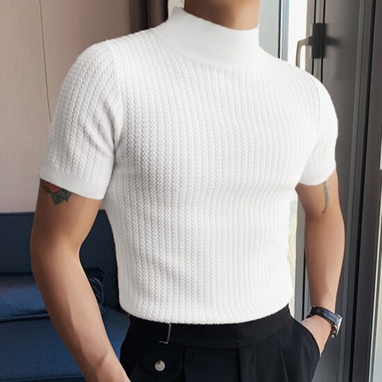 T-shirt Casual High-neck Summer Tight Knitted Solid Color Short-sleeve Bottoming S-3XL Luxury Clothing - Image 4