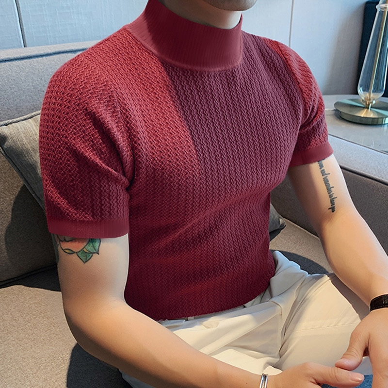 T-shirt Casual High-neck Summer Tight Knitted Solid Color Short-sleeve Bottoming S-3XL Luxury Clothing