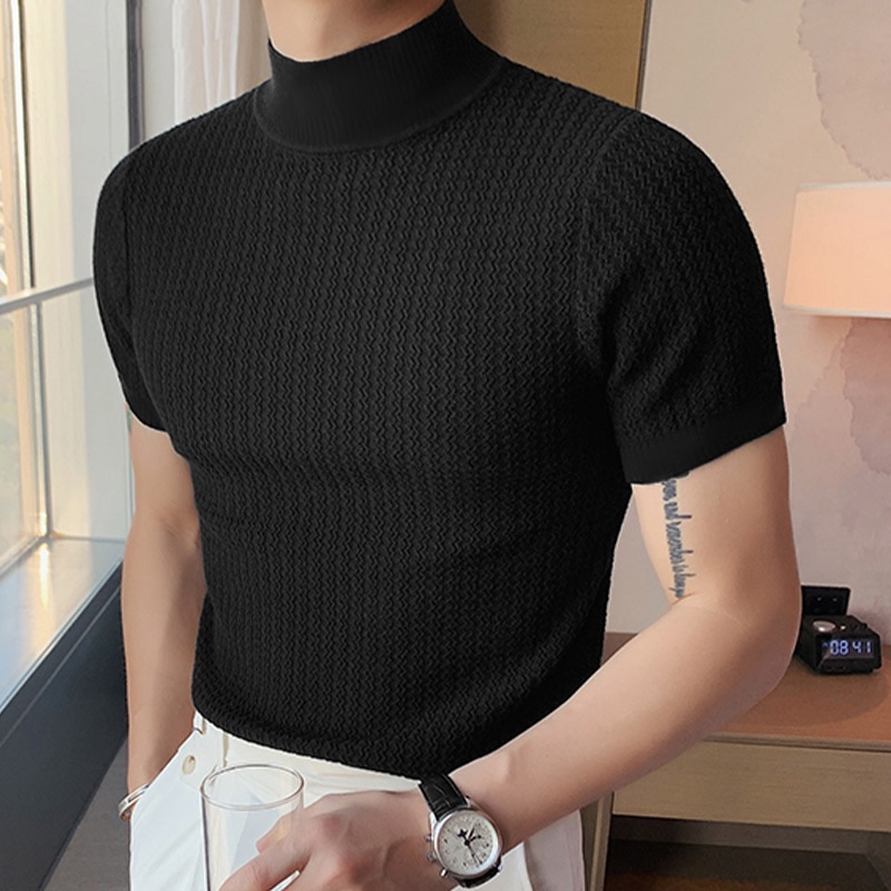 T-shirt Casual High-neck Summer Tight Knitted Solid Color Short-sleeve Bottoming S-3XL Luxury Clothing