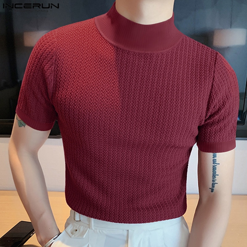 T-shirt Casual High-neck Summer Tight Knitted Solid Color Short-sleeve Bottoming S-3XL Luxury Clothing